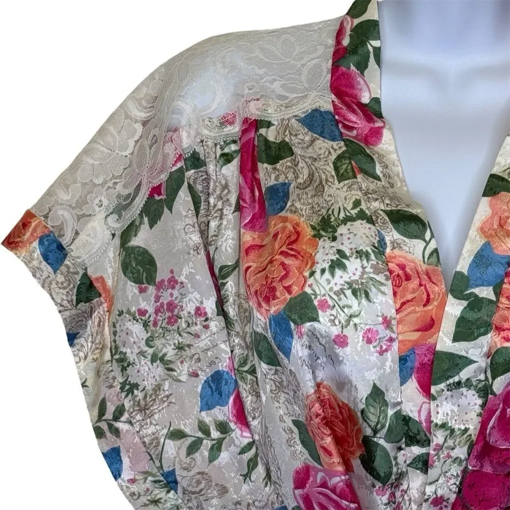 Vintage Cinema Etoile Floral Lace Kimono Robe Matching Sash Pink White Green Med